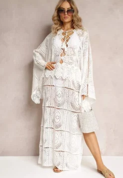 Biała Szydełkowa Sukienka Maxi z Wycięciami i Wiązaniem Upenna