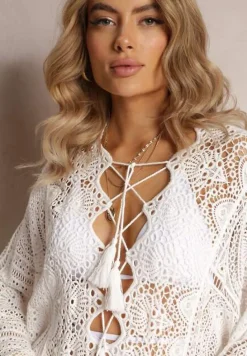 Biała Szydełkowa Sukienka Maxi z Wycięciami i Wiązaniem Upenna