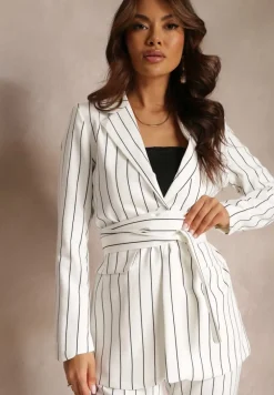 Biała Taliowana Marynarka z Wiązanym Paskiem Theolia