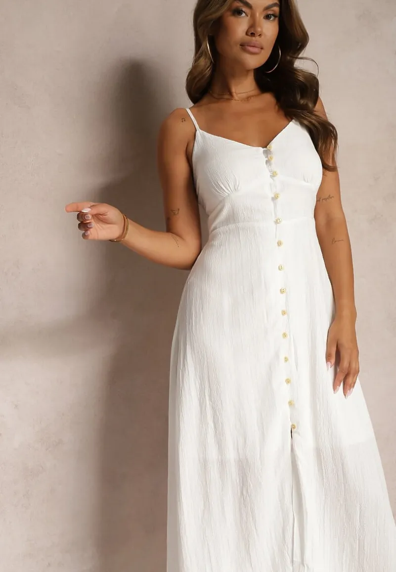 Biała Taliowana Sukienka na Guziki na Ramiączkach z Regulacją Quafea