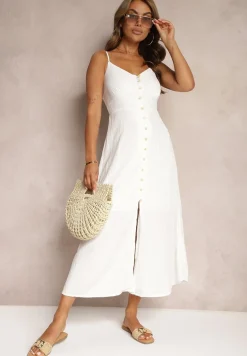 Biała Taliowana Sukienka na Guziki na Ramiączkach z Regulacją Quafea