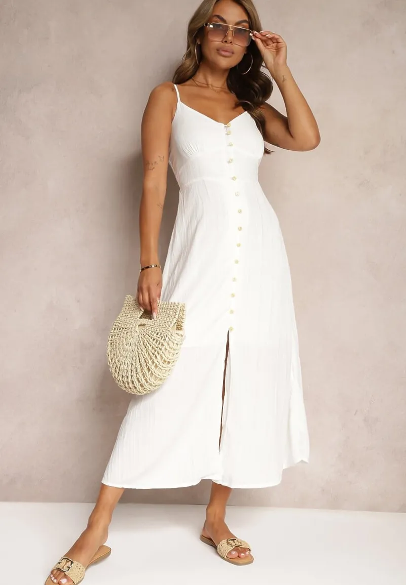 Biała Taliowana Sukienka na Guziki na Ramiączkach z Regulacją Quafea