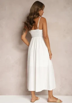 Biała Taliowana Sukienka na Guziki na Ramiączkach z Regulacją Quafea