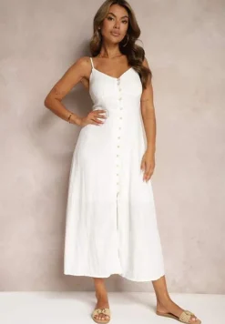 Biała Taliowana Sukienka na Guziki na Ramiączkach z Regulacją Quafea