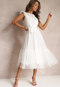 Biała Taliowana Sukienka z Tiulową Spódnicą i Górą z Koronki Darela