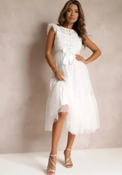 Biała Taliowana Sukienka z Tiulową Spódnicą i Górą z Koronki Darela