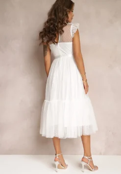 Biała Taliowana Sukienka z Tiulową Spódnicą i Górą z Koronki Darela