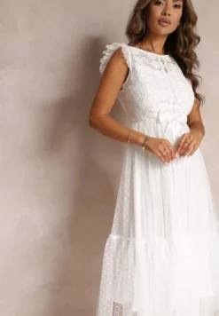 Biała Taliowana Sukienka z Tiulową Spódnicą i Górą z Koronki Darela