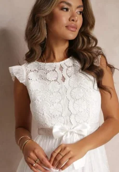 Biała Taliowana Sukienka z Tiulową Spódnicą i Górą z Koronki Darela