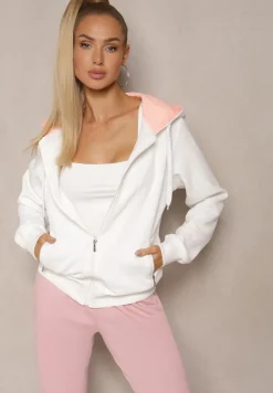 Biała Tłoczona Bluza z Dodatkiem Bawełny i Kapturem Zapinana na Suwak Arfoya