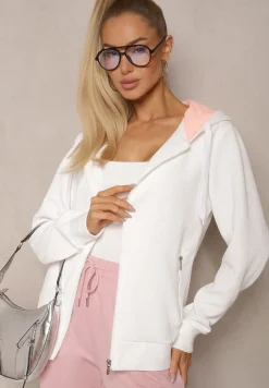 Biała Tłoczona Bluza z Dodatkiem Bawełny i Kapturem Zapinana na Suwak Arfoya