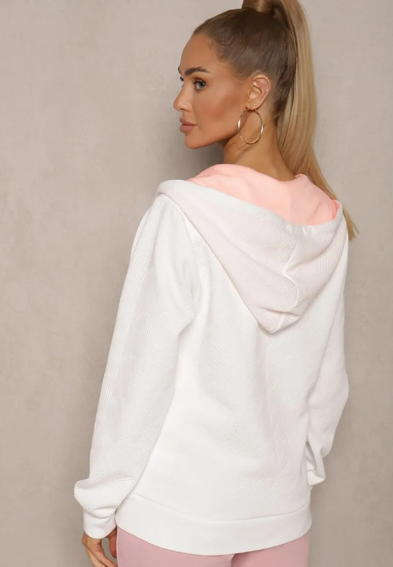 Biała Tłoczona Bluza z Dodatkiem Bawełny i Kapturem Zapinana na Suwak Arfoya