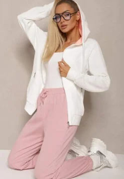 Biała Tłoczona Bluza z Dodatkiem Bawełny i Kapturem Zapinana na Suwak Arfoya