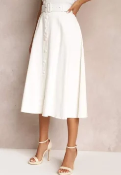 Biała Trapezowa Spódnica Midi z Rozkloszowanym Dołem i Paskiem z Klamerką z Bawełny Marydevi
