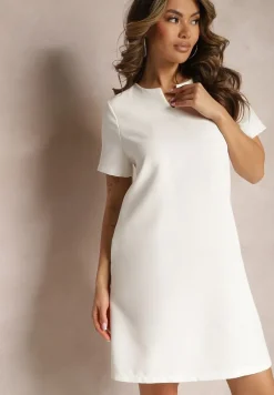 Biała Trapezowa Sukienka Mini z Krótkim Rękawem i Kieszeniami Vrea