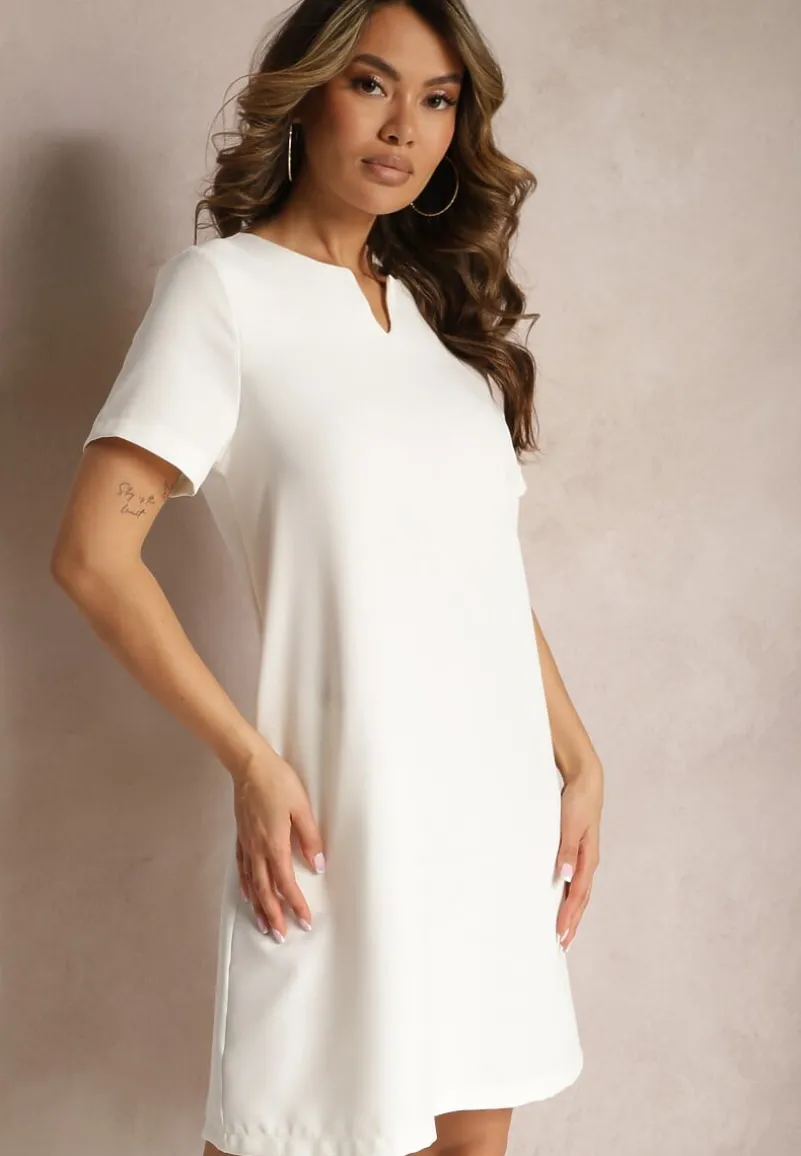 Biała Trapezowa Sukienka Mini z Krótkim Rękawem i Kieszeniami Vrea