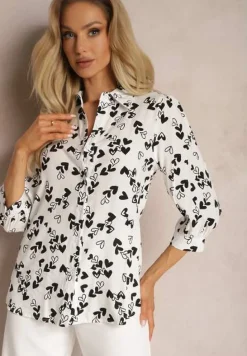 Biała Wiskozowa Koszula Ozdobiona Wzorem w Serduszka Ranela