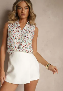 Biała Wiskozowa Koszula w Kwiaty bez Rękawów Sarionna
