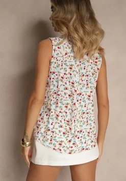 Biała Wiskozowa Koszula w Kwiaty bez Rękawów Sarionna