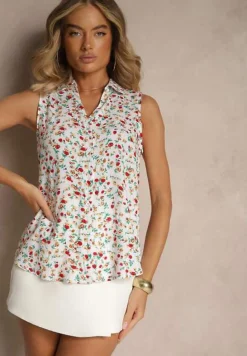 Biała Wiskozowa Koszula w Kwiaty bez Rękawów Sarionna