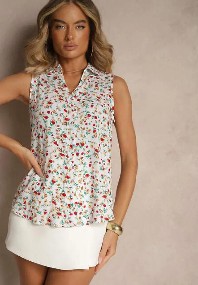 Biała Wiskozowa Koszula w Kwiaty bez Rękawów Sarionna