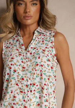 Biała Wiskozowa Koszula w Kwiaty bez Rękawów Sarionna