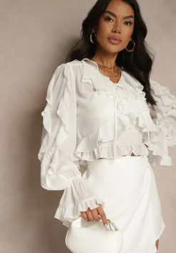 Biała Wiązana Bluzka Zdobiona Falbanami z Dodatkowym Topem na Ramiączkach Miradiara