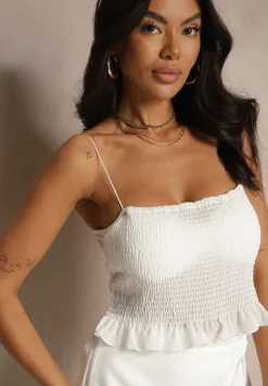 Biała Wiązana Bluzka Zdobiona Falbanami z Dodatkowym Topem na Ramiączkach Miradiara