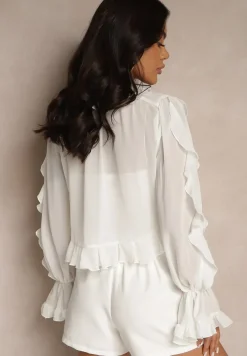 Biała Wiązana Bluzka Zdobiona Falbanami z Dodatkowym Topem na Ramiączkach Miradiara