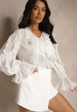 Biała Wiązana Bluzka Zdobiona Falbanami z Dodatkowym Topem na Ramiączkach Miradiara