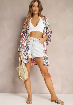 Biała Wiązana Narzutka z Długim Rękawem w Fantazyjny Nadruk Dioda