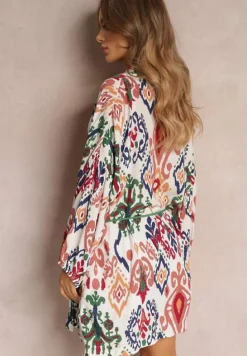 Biała Wiązana Narzutka z Długim Rękawem w Fantazyjny Nadruk Dioda