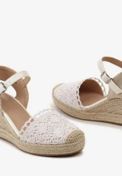 Białe Ażurowe Sandały Espadryle na Koturnie Ozdobionym Plecionką Kija
