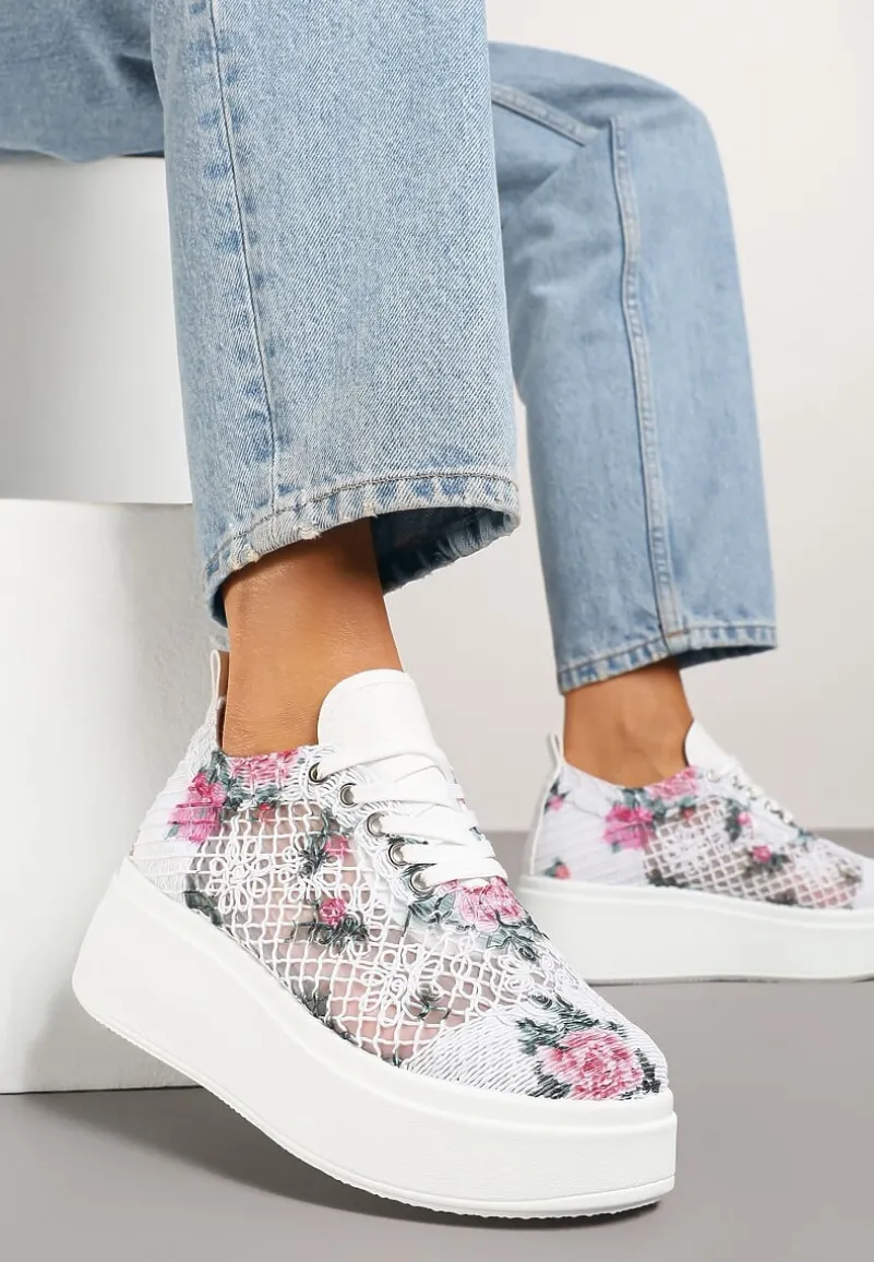 Białe Ażurowe Sneakersy Vices na Platformie w Kwiaty Halvisa