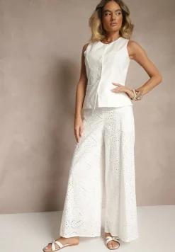 Białe Ażurowe Spodnie z Bawełny High Waist o Szerokim Kroju Evinassa