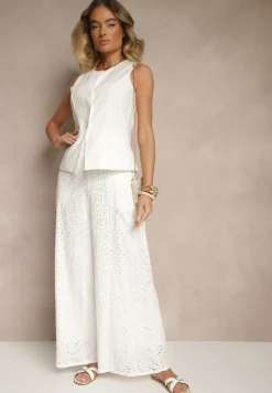 Białe Ażurowe Spodnie z Bawełny High Waist o Szerokim Kroju Evinassa