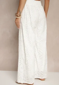 Białe Ażurowe Spodnie z Bawełny High Waist o Szerokim Kroju Evinassa
