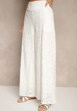 Białe Ażurowe Spodnie z Bawełny High Waist o Szerokim Kroju Evinassa