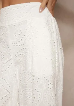 Białe Ażurowe Spodnie z Bawełny High Waist o Szerokim Kroju Evinassa