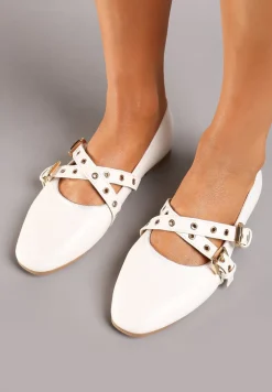 Białe Balerinki na Płaskiej Podeszwie z Paskami i Sprzączkami Pinaya