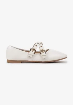 Białe Balerinki na Płaskiej Podeszwie z Paskami i Sprzączkami Pinaya