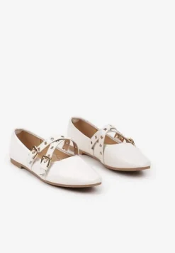 Białe Balerinki na Płaskiej Podeszwie z Paskami i Sprzączkami Pinaya