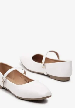 Białe Balerinki z Paskiem i Smukłym Kwadratowym Noskiem Rosafay