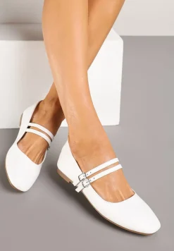 Białe Balerinki Zapinane na Dwa Paski na Śródstopiu z Klamrami Merinea