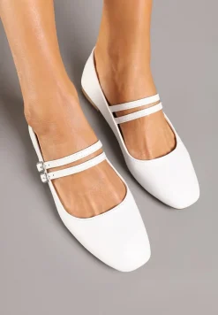 Białe Balerinki Zapinane na Dwa Paski na Śródstopiu z Klamrami Merinea