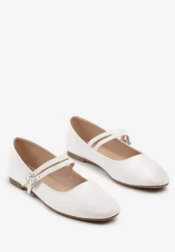 Białe Balerinki Zapinane na Dwa Paski na Śródstopiu z Klamrami Merinea