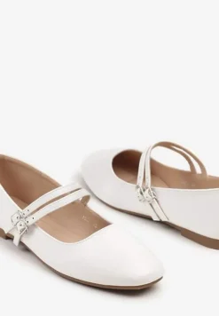 Białe Balerinki Zapinane na Dwa Paski na Śródstopiu z Klamrami Merinea