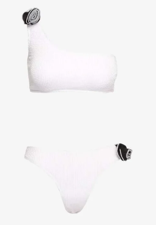Białe Bikini 2-Częściowe Asymetryczny Stanik i Majtki z Aplikacjami Kwiatu Namsilea