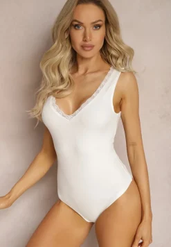 Białe Body Bieliźniane z Trójkątnym Koronkowym Dekoltem Larvie