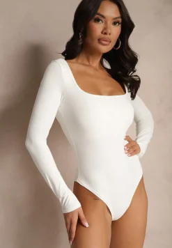 Białe Body Longsleeve o Dopasowanym Kroju z Kwadratowym Dekoltem Sesadiel
